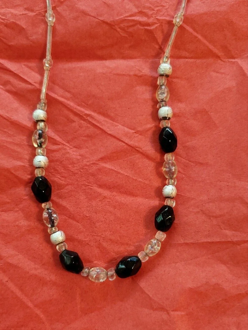 Hand Crafted Clear and Black Beaded Necklace with Heart Toggle